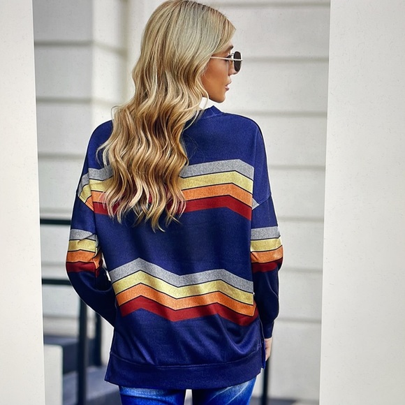 Retro Chevron Stripe Sweatshirt Top Blue Knit Size 2XL - Picture 2 of 5